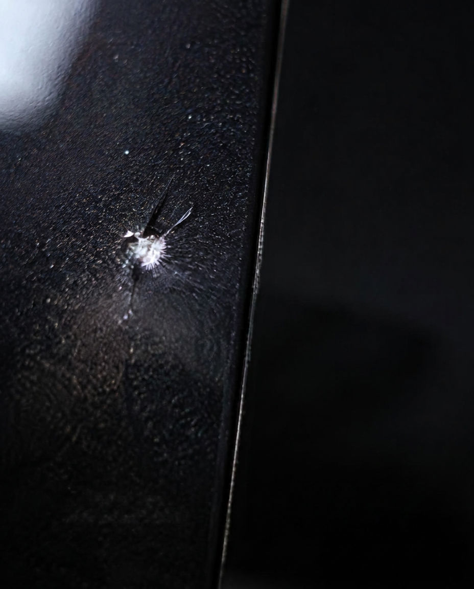 Stone chip on unprotected paint beside film-protected paint